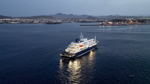 A general view of the cruise ship MV Hondius, while stationary off the port of Praia,