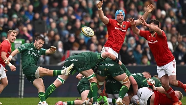 29 March 2025; Caolin Blade of Connacht box kicks during the United Rugby Championship match between Connacht and Munster at Hastings Insurance MacHale Park in Castlebar, Mayo. Photo by Seb Daly/Sportsfile