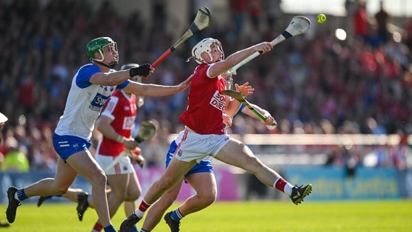 21 April 2024; Tommy O'Connell of Cork in action against Michael Kiely, left, and Jack Prendergast of Waterford during the Munster GAA Hurling Senior Championship Round 1 match between Waterford and Cork at Walsh Park in Waterford. Photo by Brendan Moran/