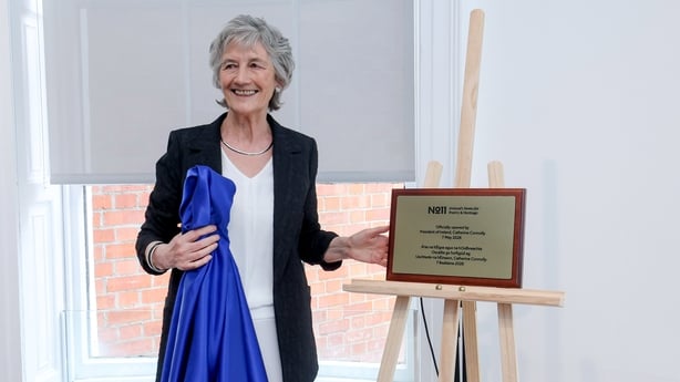 Pictured at the official opening of No. 11 Parnell Square, Ireland's Home for Poetry and Heritage, is President Catherine Connolly, as she unveils a Plaque. The iconic Georgian building has been transformed following a €5.5 million conservation-led refurbishment into a vibrant cultural home for Poe