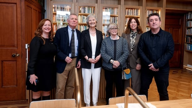 Pictured at the official opening of No. 11 Parnell Square, Ireland's Home for Poetry and Heritage, is President Catherine Connolly, with from left Claire Power, Director Poetry Ireland and members of the Heaney family , Mick Heaney , Marie , Catherine and Chris Heaney as they tour the Heaney Library