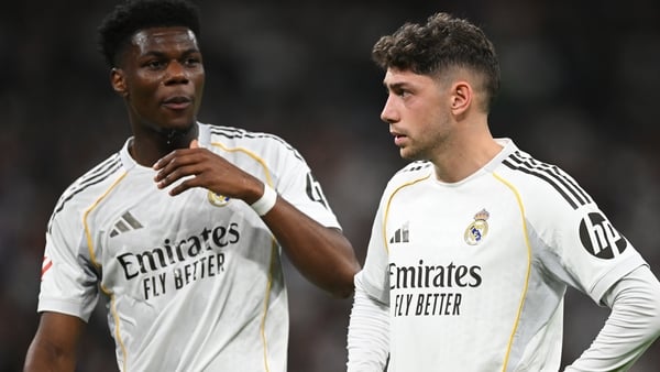MADRID, SPAIN - APRIL 10: Aurelien Tchouameni and Federico Valverde of Real Madrid look on during the LaLiga EA Sports match between Real Madrid CF and Girona FC at Estadio Santiago Bernabeu on April 10, 2026 in Madrid, Spain. (Photo by Denis Doyle/Getty