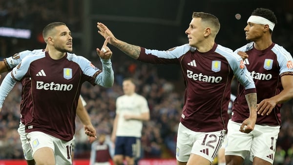 BIRMINGHAM, ENGLAND - MAY 7: Emi Buendia and Lucas Digne of Aston Villa celebrate after he scores his penalty during the UEFA Europa League 2025/26 Semi-Final Second Leg match between Aston Villa FC and Nottingham Forest FC at Villa Park on May 7, 2026 in