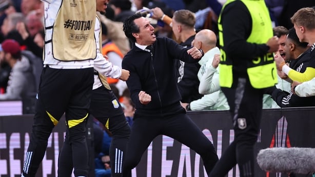 BIRMINGHAM, ENGLAND - MAY 7: Unai Emery manger / head coach of Aston Villa celebrates during the UEFA Europa League 2025/26 Semi-Final Second Leg match between Aston Villa FC and Nottingham Forest FC at Villa Park on May 7, 2026 in Birmingham, United Kingdom. (Photo by Robbie Jay Barratt - AMA/Getty