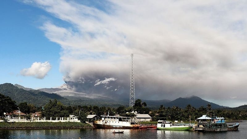 Ash from the Dukono volcano seen during an eruption in 2016