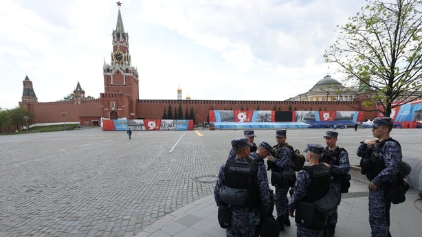 Russian National Guard officers patrol Red Square on 7 May