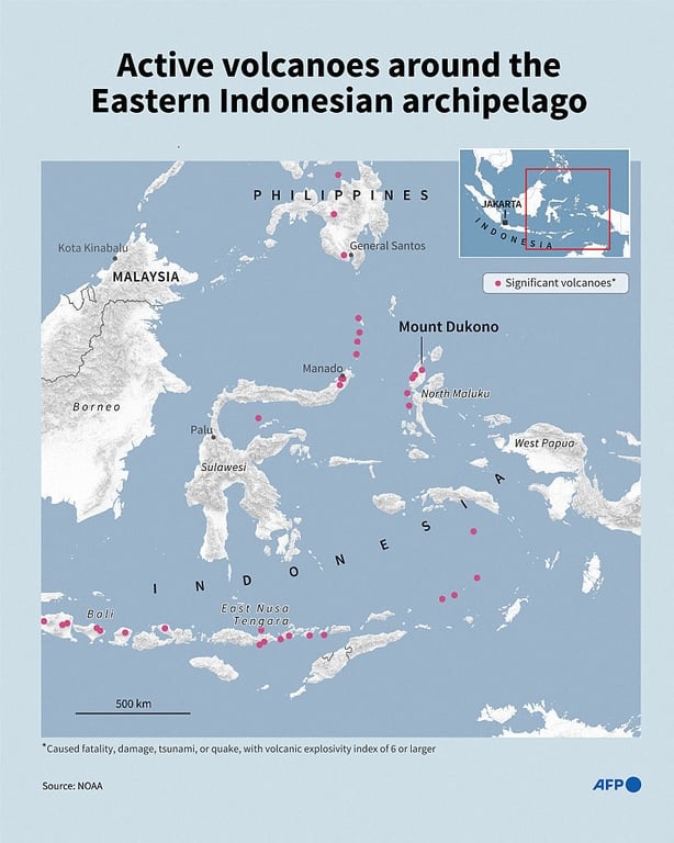 Infographic map showing significant volcanos around the Eastern Indonesian archipelago, including Mount Dukono