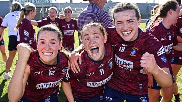 Tracey Dillon, Sarah Dillon and Gráinne Byrne celebrate the 2025 Leinster intermediate title