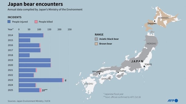 An infographic showing bear attacks in Japan from 2014 to October 2025