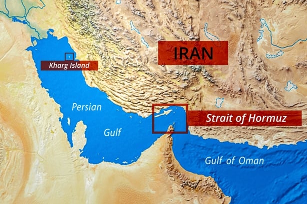 A geographical map displaying the Strait of Hormuz, one of the world's most critical transit routes for shipping