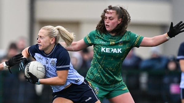 Jodi Egan of Dublin is tackled by Sarah Wall, 6, and Emma Duggan of Meath during the Lidl Ladies National Football League Division 1 Round 2 match between Meath and Dublin at St Patrick’s GFC in Stamullen, Meath.