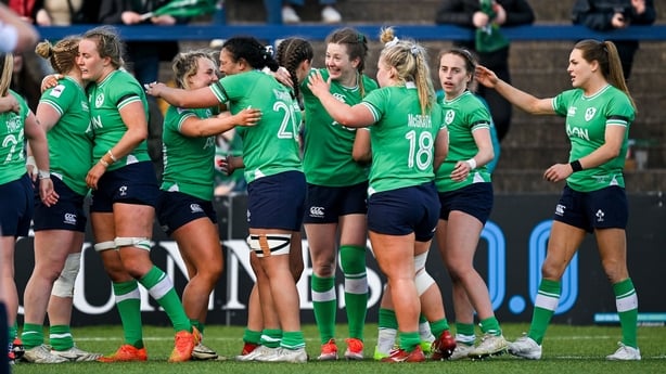 13 April 2024; Ireland players celebrate at the final whistle of the Women's Six Nations Rugby Championship match between Ireland and Wales at Virgin Media Park in Cork. Photo by Brendan Moran/Sportsfile