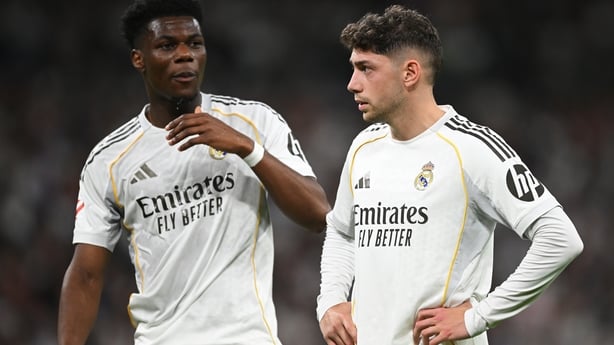 MADRID, SPAIN - APRIL 10: Aurelien Tchouameni and Federico Valverde of Real Madrid look on during the LaLiga EA Sports match between Real Madrid CF and Girona FC at Estadio Santiago Bernabeu on April 10, 2026 in Madrid, Spain. (Photo by Denis Doyle/Getty Images)