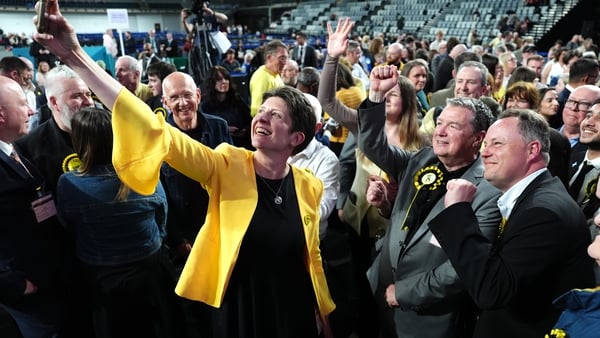 Scottish National Party (SNP) politician Alison Thewliss celebrates with party supporters