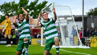 Michael Noonan of Shamrock Rovers, right, celebrates with team-mate Victor Ozhianvuna after scoring their side's first goal during the SSE Airtricity Men’s Premier Division match between Galway United and Shamrock Rovers at Eamonn Deacy Park in Galway.