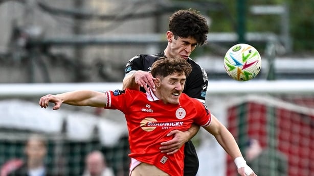8 May 2026; John Martin of Shelbourne in action against Sean McHale of Sligo Rovers during the SSE Airtricity Men's Premier Division match between Shelbourne and Sligo Rovers at Tolka Park in Dublin. Photo by Seb Daly/Sportsfile
