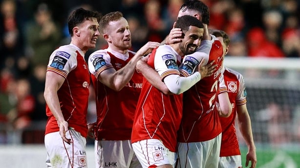  Zack Elbouzedi of St Patrick's Athletic, front, celebrates with teammates after scoring his side's third goal during the SSE Airtricity Men's Premier Division match between St Patrick's Athletic and Waterford at Richmond Park in Dublin. 