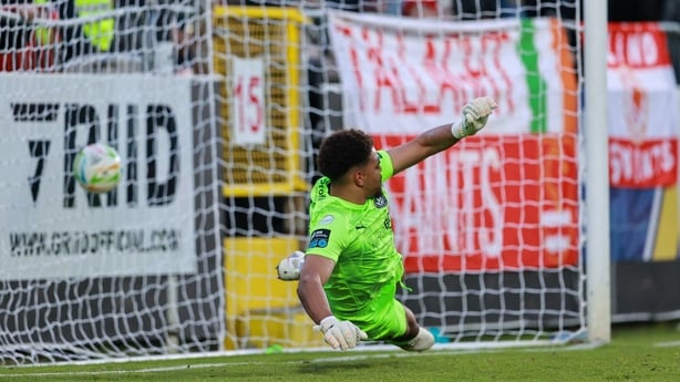 Waterford goalkeeper Arlo Doherty is beaten by a penalty from Chris Forrester of St Patrick's Athletic during the SSE Airtricity Men's Premier Division match between St Patrick's Athletic and Waterford at Richmond Park in Dublin. 