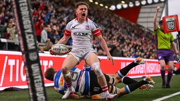 8 May 2026; Michael Lowry of Ulster celebrates after scoring his side's fourth try during the United Rugby Championship match between Ulster and DHL Stormers at Affidea Stadium in Belfast. Photo by Ramsey Cardy/Sportsfile