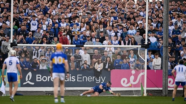 26 April 2026; Waterford supporters look on as Waterford goalkeeper Billy Nolan saves a penalty during the Munster GAA Senior Hurling Championship Round 2 match between Waterford and Tipperary at Azzurri Walsh Park in Waterford. Photo by Ben McShane/Sportsfile
