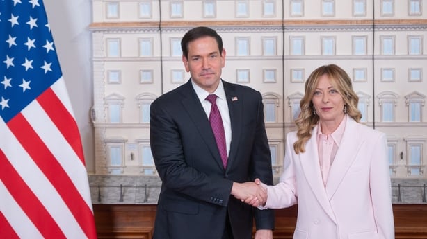 Prime Minister Giorgia Meloni shakes hands with U.S. Secretary of State Marco Rubio at Palazzo Chigi in Rome, Italy