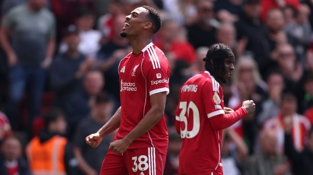Ryan Gravenberch of Liverpool celebrates scoring his team's first goal during the Premier League match between Liverpool and Chelsea at Anfield on May 09, 2026 in Liverpool, England.