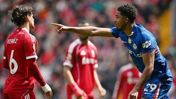 Wesley Fofana of Chelsea celebrates after teammate Enzo Fernandez (not pictured) scores his team's first goal during the Premier League match between Liverpool and Chelsea at Anfield on May 09, 2026 in Liverpool, England.
