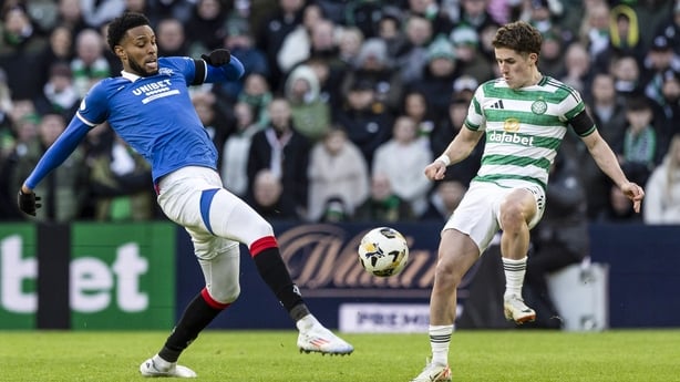 GLASGOW, SCOTLAND - JANUARY 03: Celtic's Luke McCowan (R) and Rangers' Youssef Chermiti in action during a William Hill Premiership match between Celtic and Rangers at Celtic Park, on January 03, 2026, in Glasgow, Scotland. (Photo by Craig Williamson/SNS Group via Getty Images)