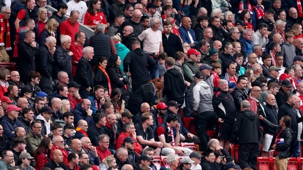 LIVERPOOL, ENGLAND - MAY 09: Fans of Liverpool leave the stadium during the Premier League match between Liverpool and Chelsea at Anfield on May 09, 2026 in Liverpool, England. (Photo by Carl Recine/Getty Images)