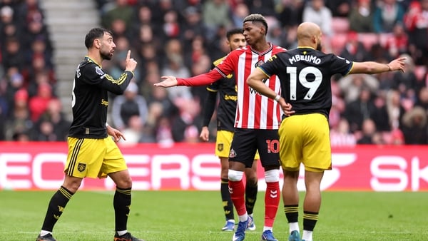 Bruno Fernandes of Manchester United clashes with Nilson Angulo of Sunderland during the Premier League match between Sunderland and Manchester United at Stadium of Light on May 09, 2026 in Sunderland, England.