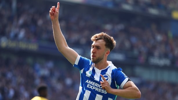 Jack Hinshelwood of Brighton & Hove Albion celebrates scoring his team's first goal during the Premier League match between Brighton & Hove Albion and Wolverhampton Wanderers at Amex Stadium on May 09, 2026 in Brighton, England. 