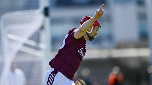 Tom Monaghan of Galway celebrates after scoring his side's second goal during the Leinster GAA Senior Hurling Championship round 3 match between Kildare and Galway at Cedral St Conleth's Park in Newbridge, Kildare.