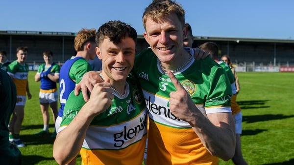 Offaly players, from left, Shane Tierney and Dylan Hyland celebrate after the Táilteann Cup round 1 match between Clare and Offaly at Zimmer Biomet Páirc Chíosóg in Ennis, Clare.