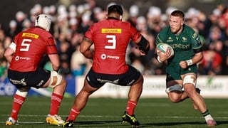 9 May 2026; Sean Jansen of Connacht in action against Fineen Wycherley, left, and Michael Ala'alatoa of Munster during the United Rugby Championship match between Connacht and Munster at Dexcom Stadium in Galway. Photo by Thomas Flinkow/Sportsfile