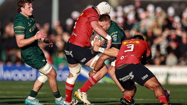 9 May 2026; Sean Jansen of Connacht in action against Fineen Wycherley, left, and Michael Ala'alatoa of Munster during the United Rugby Championship match between Connacht and Munster at Dexcom Stadium in Galway. Photo by Thomas Flinkow/Sportsfile