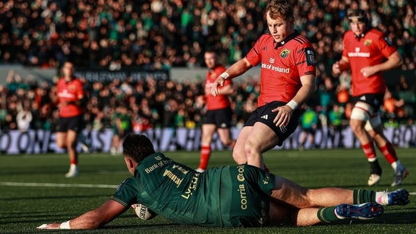9 May 2026; Shayne Bolton of Connacht scores his side's second try during the United Rugby Championship match between Connacht and Munster at Dexcom Stadium in Galway. Photo by Thomas Flinkow/Sportsfile