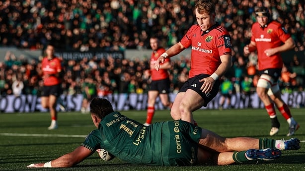 9 May 2026; Shayne Bolton of Connacht scores his side's second try during the United Rugby Championship match between Connacht and Munster at Dexcom Stadium in Galway. Photo by Thomas Flinkow/Sportsfile