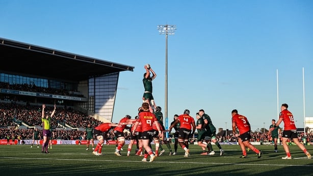 9 May 2026; A general view of a line-out during the United Rugby Championship match between Connacht and Munster at Dexcom Stadium in Galway. Photo by Thomas Flinkow/Sportsfile