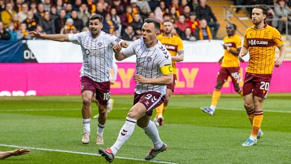Hearts' Lawrence Shankland reacts as his shot blocked by Motherwell's Stephen O'Donnell during a William Hill Premiership match between Motherwell and Heart of Midlothian at Fir Park, on May 09, 2026, in Motherwell, Scotland.