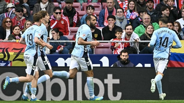 Celta Vigo's Spanish forward #07 Borja Iglesias (C) celebrates scoring his team's first goal during the Spanish league football match between Club Atletico de Madrid and RC Celta de Vigo at the Metropolitano Stadium in Madrid on May 9, 2026. (Photo by Javier SORIANO / AFP)