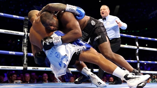 Fabio Wardley and Daniel Dubois fall during the WBO World Heavyweight Title fight between Fabio Wardley and Daniel Dubois as part of the Wardley v Dubois Don't Blink fight card at Co-op Live on May 09, 2026 in Manchester, England.