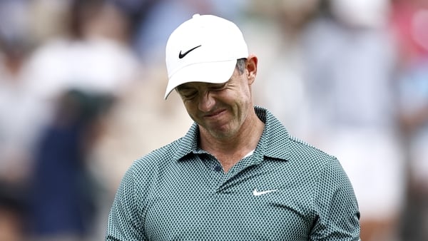CHARLOTTE, NORTH CAROLINA - MAY 09: Rory McIlroy of Northern Ireland reacts to a putt on the second hole during the third round of the Truist Championship 2026 at Quail Hollow Country Club on May 09, 2026 in Charlotte, North Carolina. (Photo by Jared C. T