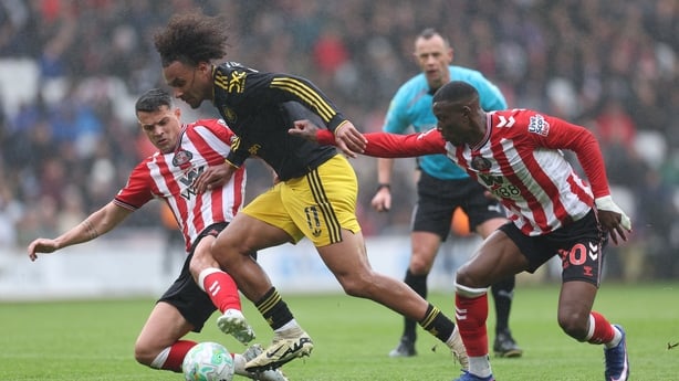 Joshua Zirkzee of Manchester United battles for possession with Granit Xhaka of Sunderland and Nordi Mukiele of Sunderland during the Premier League match between Sunderland and Manchester United at Stadium of Light on May 09, 2026 in Sunderland, England.