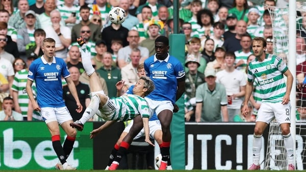 Daizen Maeda of Celtic scores his team's third goal via bicycle kick during the William Hill Premiership match between Celtic and Rangers at Celtic Park on May 10, 2026 in Glasgow, Scotland.