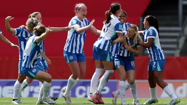 Nadine Noordam of Brighton & Hove Albion celebrates scoring her team's third goal with teammates during the Adobe Women's FA Cup Semi Final match between Liverpool and Brighton & Hove Albion at BrewDog Stadium on May 10, 2026 in St Helens, England.