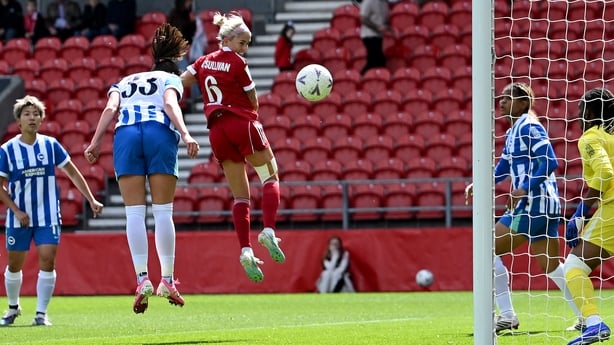 Denise O'Sullivan of Liverpool scores Liverpool's first goal during the Adobe Women's FA Cup Semi Final match between Liverpool and Brighton & Hove Albion at BrewDog Stadium on May 10, 2026 in St Helens, England. 