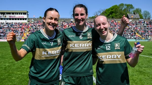 Aoife Dillane, Emma Costello and Caoimhe Evans of Kerry celebrate after winning the TG4 Munster Senior Ladies Football Championship round 3 match between Kerry and Cork at Fitzgerald Stadium in Killarney, Kerry.