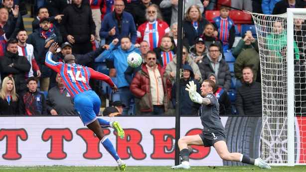 Jean-Philippe Mateta of Crystal Palace misses a chance while under pressure from Jordan Pickford of Everton during the Premier League match between Crystal Palace and Everton at Selhurst Park on May 10, 2026 in London, England.