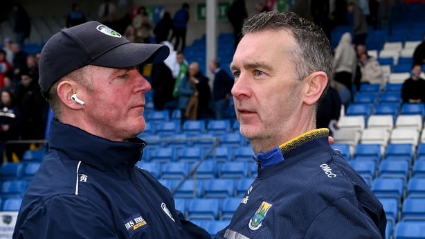 The Laois manager Justin McNulty and Wicklow manager Oisín McConville, right, after the Táilteann Cup round 1 match between Laois and Wicklow at Laois Hire O'Moore Park in Portlaoise, Laois.
