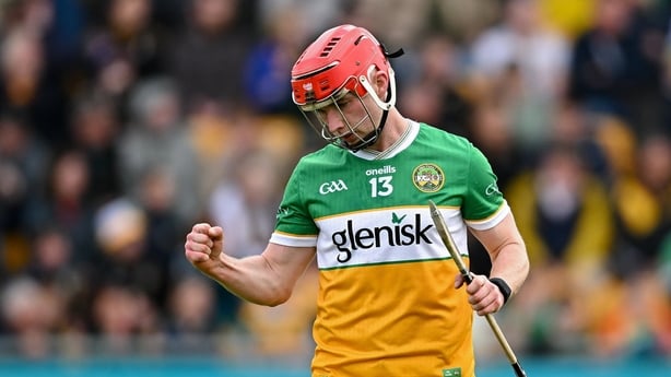 10 May 2026; Eoghan Cahill of Offaly celebrates after scoring the equalising point in the 75th minute from a 65 free during the Leinster GAA Senior Hurling Championship Round 3 match between Offaly and Kilkenny at Glenisk O'Connor Park in Tullamore, Offaly. Photo by Seb Daly/Sportsfile